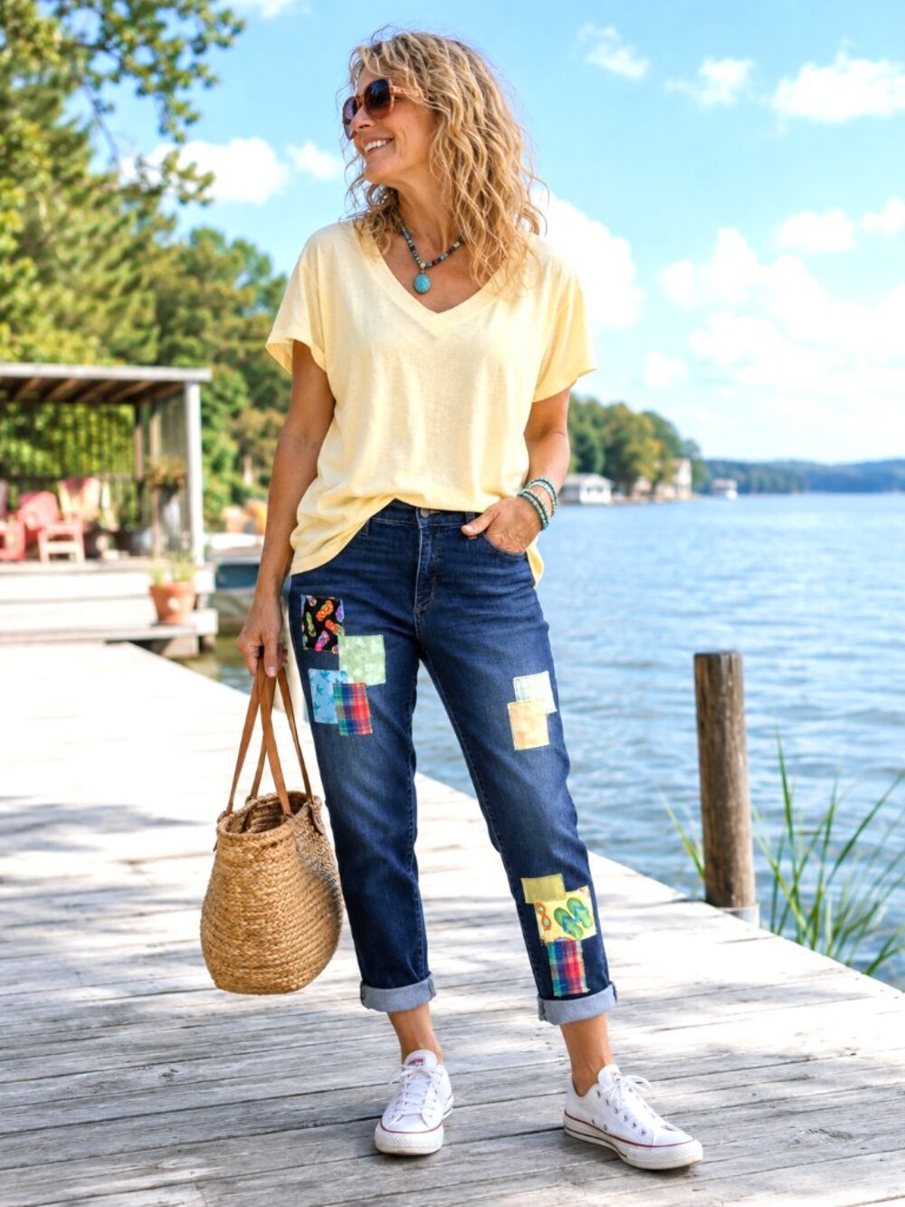 Upcycled Patchwork Denim Capri Pants Boho Summer Jeans Flip-Flop Patches Sz 12